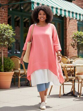 Vintage CottonWays Cotton Gauze Hanky Hem Tunic Coral Pink Lagenlook sz 3/2X